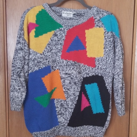 Vintage Sweaters - Vintage Retro Color Block 80's Sweater Sz Med